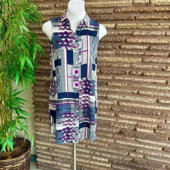 Alfani Blue and Pink Geometric Print Sleeveless Shirt Tunic Dress Size Small - Picture 1 of 5